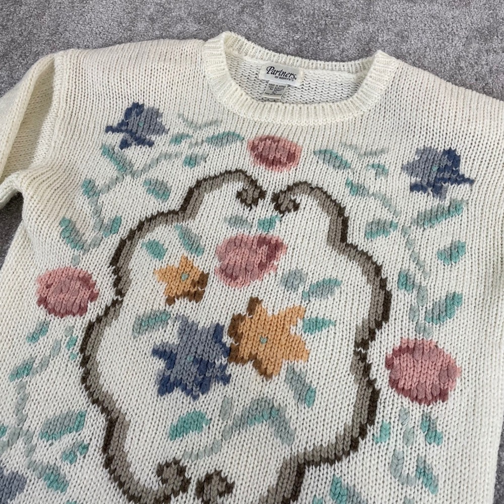 Vintage Grandma Sweater Womens Large 90s Knit Floral Cottage Partners Mervyns